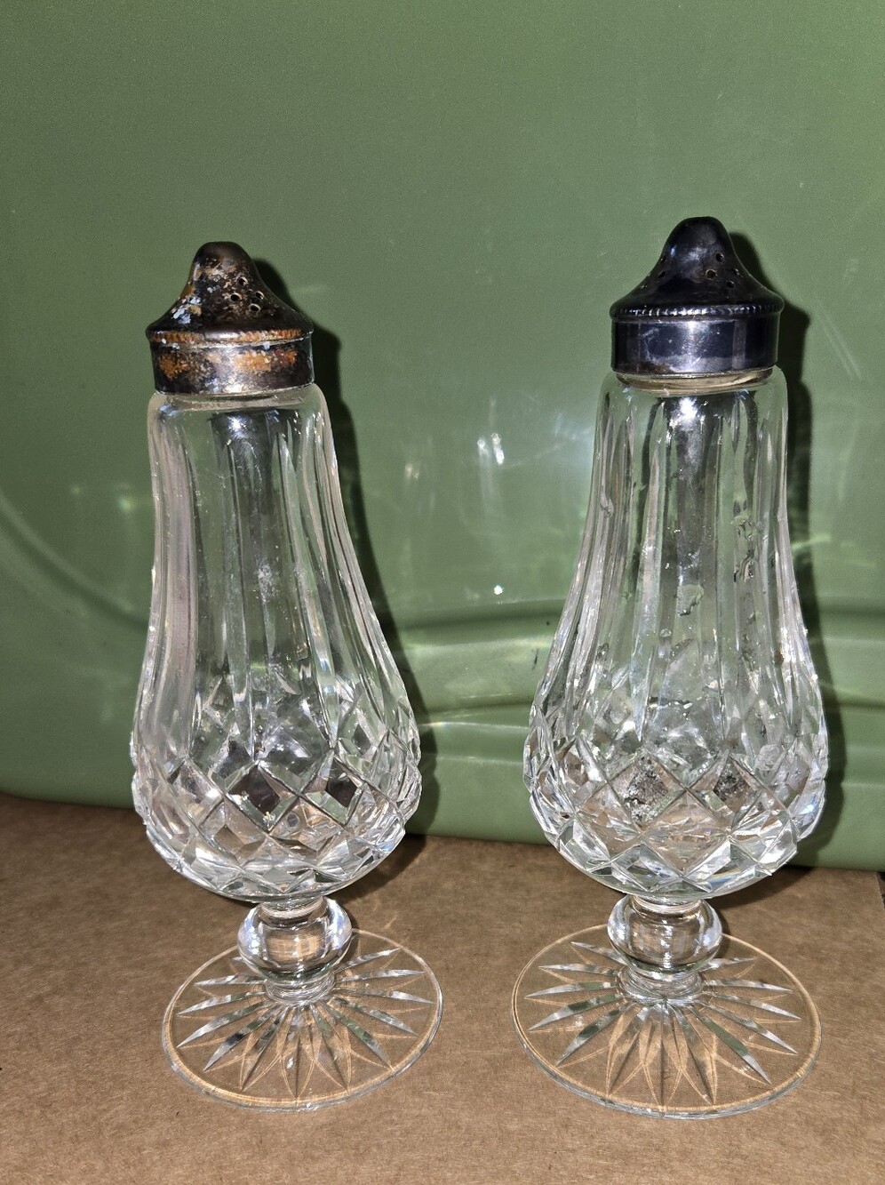 Waterford Crystal Footed Salt & Pepper Shakers Lismore Pattern Silver Plated Top